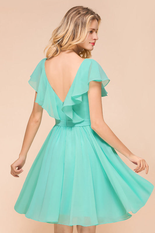 V-Neck Ruffle Chiffon Mini Bridesmaid Dresses