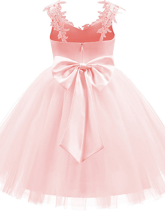 V Neck Short Length Flower Girl Dress with Bow Appliques in Taffeta Tulle