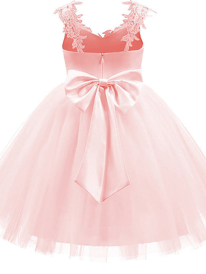 V Neck Short Length Flower Girl Dress with Bow Appliques in Taffeta Tulle