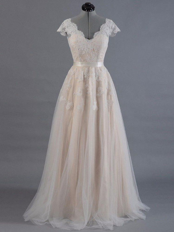 V Neck Short Sleeves Wedding Dress Lace Applique Floor Length Tulle Bridal Gowns