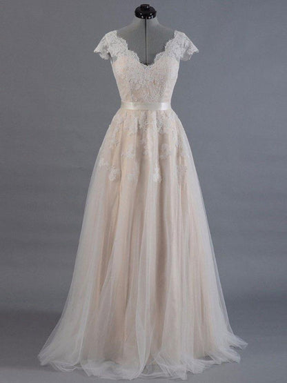 V Neck Short Sleeves Wedding Dress Lace Applique Floor Length Tulle Bridal Gowns