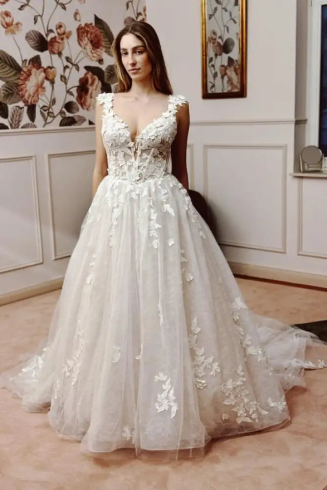 V-Neck Sleeveless A Line Wedding Dresses Tulle Applique