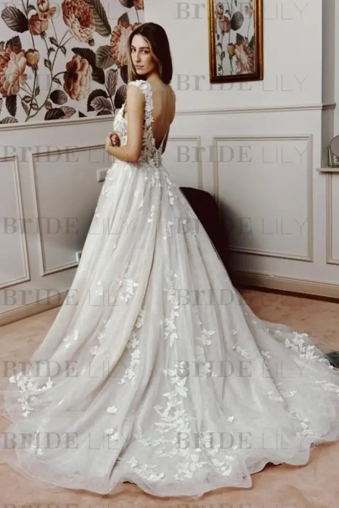 V-Neck Sleeveless A Line Wedding Dresses Tulle Applique