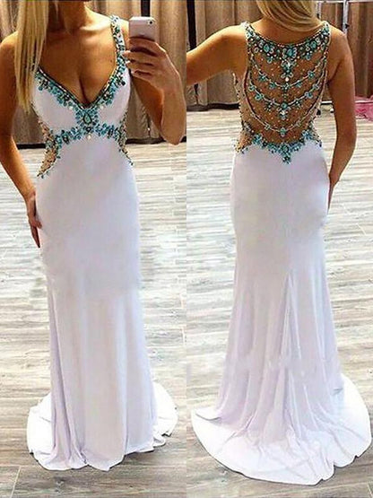 V-Neck Sleeveless Prom Dress Sweep/Brush Train With Beading Spandex Dresses