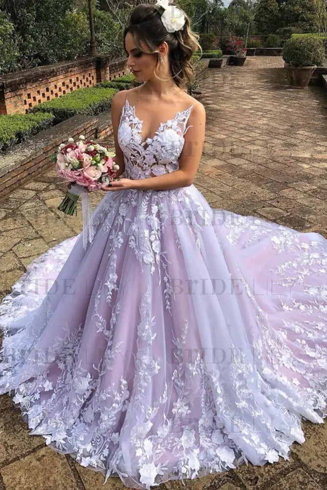 V Neck White Lace Aline Wedding Dress Sleeveless Tulle Ball Gown with Appliques