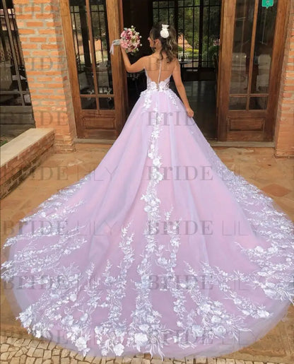 V Neck White Lace Aline Wedding Dress Sleeveless Tulle Ball Gown with Appliques