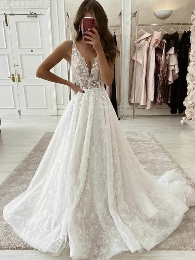 White V-Neck Lace Wedding Dress A-Line Sleeveless