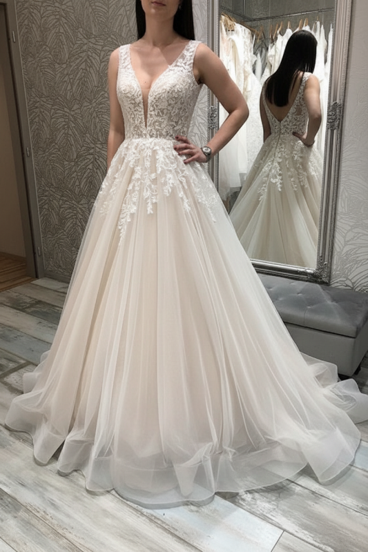 V Neck White Tulle  Lace Aline Wedding Dresses Sleeveless Bridal Dress