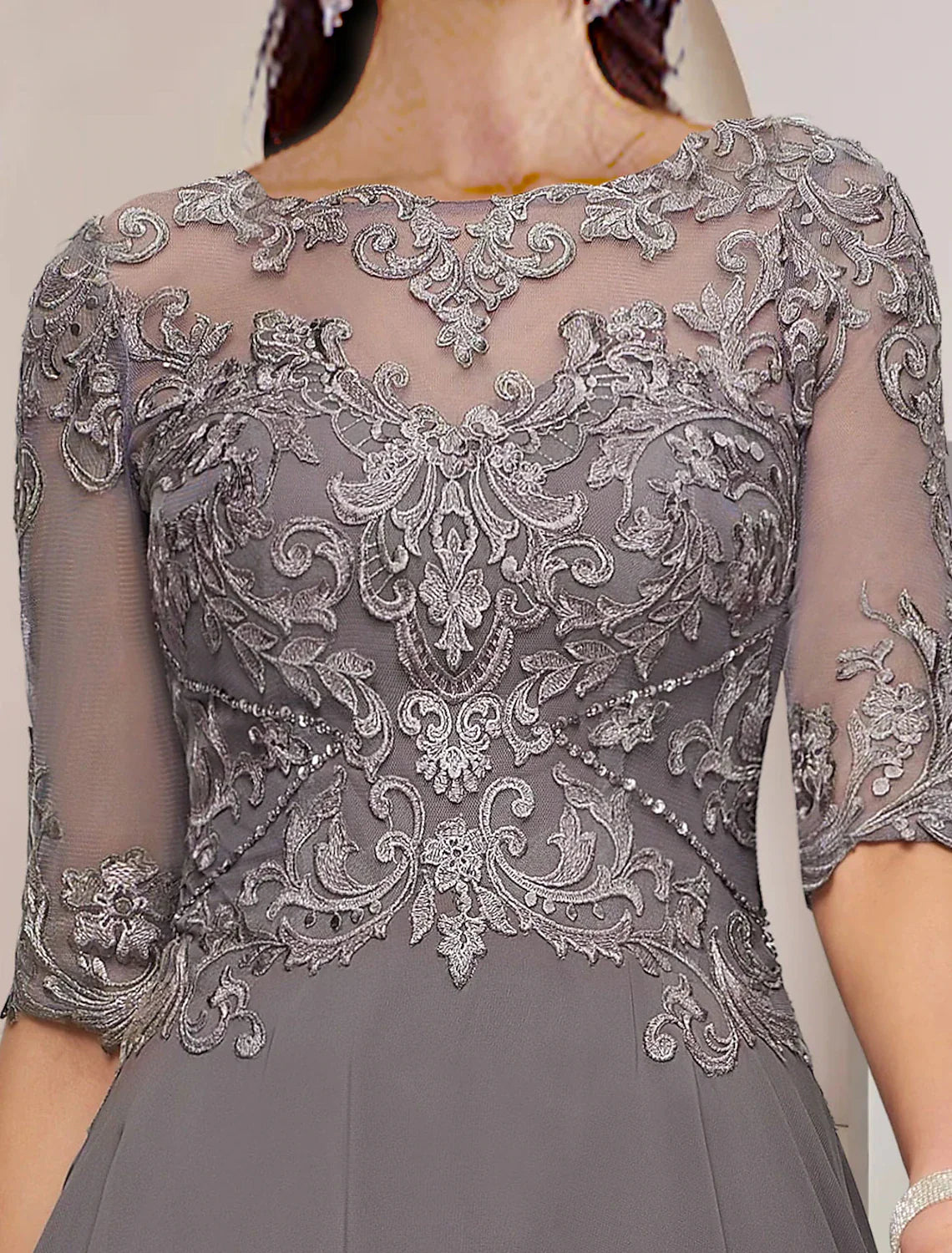 Aimishang A-Line Mother of the Bride Dress Formal Wedding Guest Elegant High Low Scoop Neck Asymmetrical Tea Length Chiffon Lace Half Sleeve with Pleats Appliques