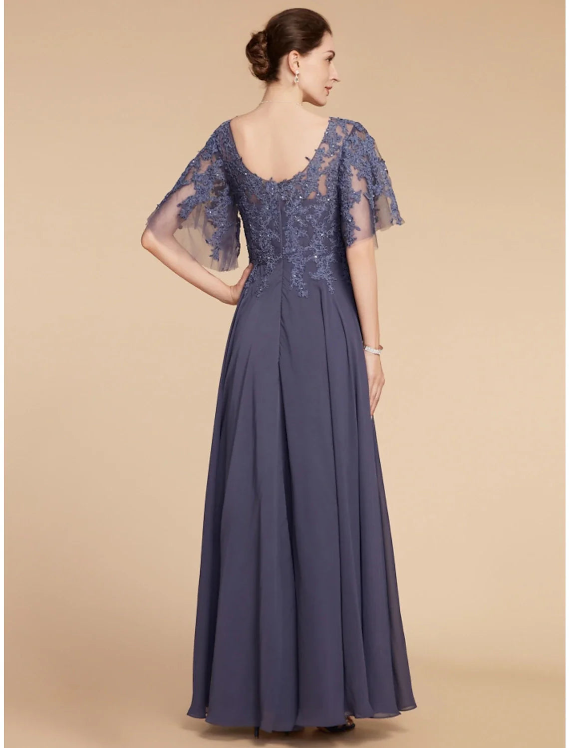 Aimishang  A-Line Mother of the Bride Dress Wedding Guest Elegant V Neck Floor Length Chiffon Lace Short Sleeve with Sequin Ruching Solid Color