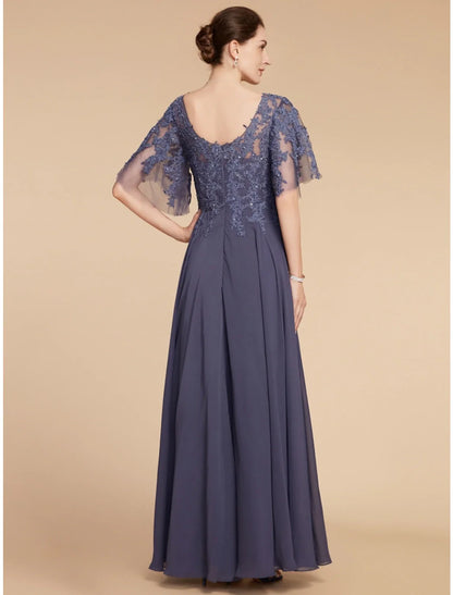 Aimishang  A-Line Mother of the Bride Dress Wedding Guest Elegant V Neck Floor Length Chiffon Lace Short Sleeve with Sequin Ruching Solid Color
