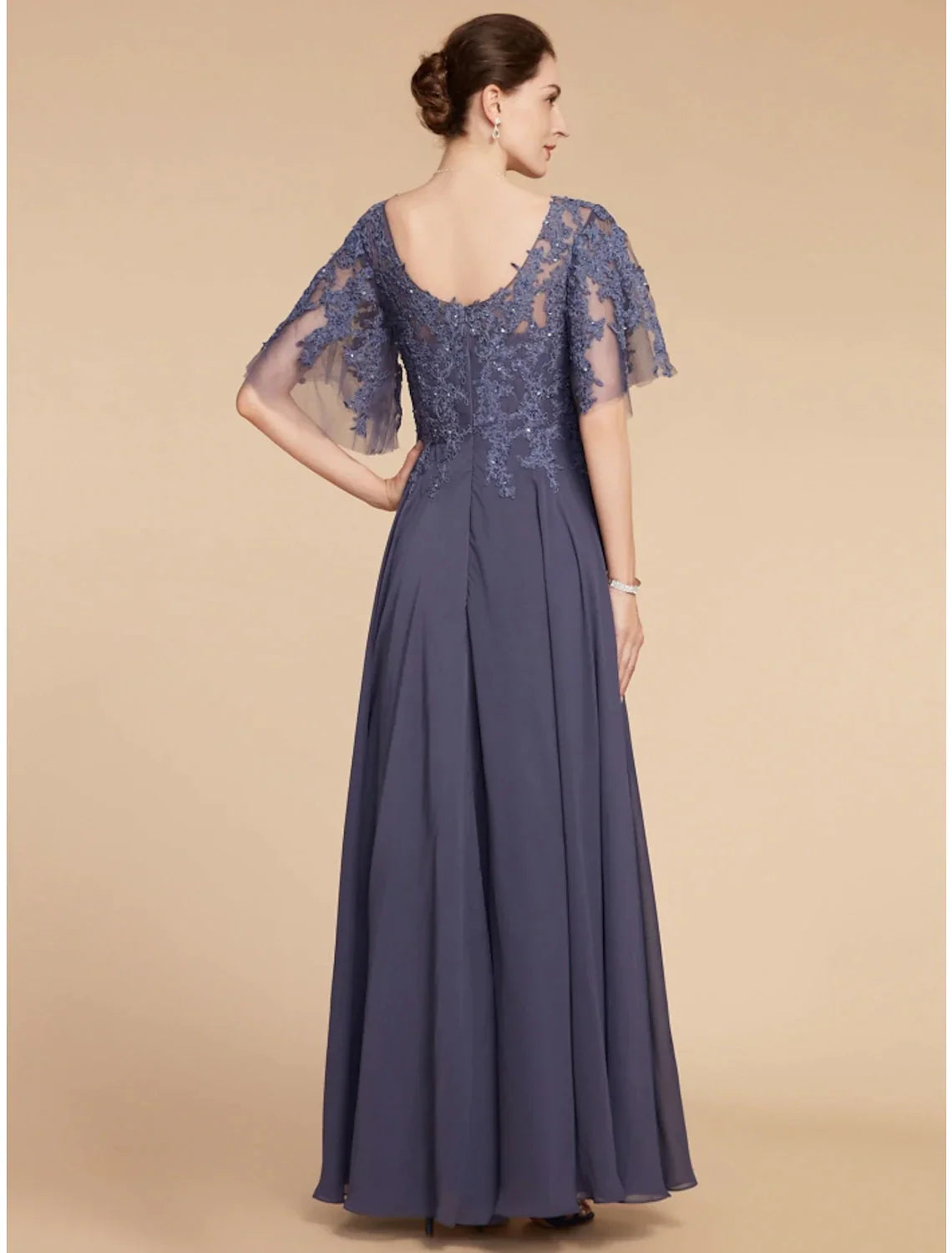 A-Line Mother of the Bride Dress Wedding Guest Elegant V Neck Floor Length Chiffon Lace Short Sleeve with Sequin Ruching Solid Color