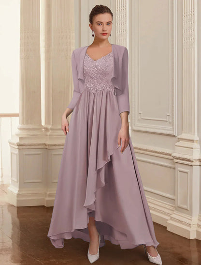 Aimishang Two Piece A-Line Mother of the Bride Dress Formal Wedding Guest Elegant High Low V Neck Asymmetrical Ankle Length Chiffon Lace 3/4 Length Sleeve Jacket Dresses with Appliques