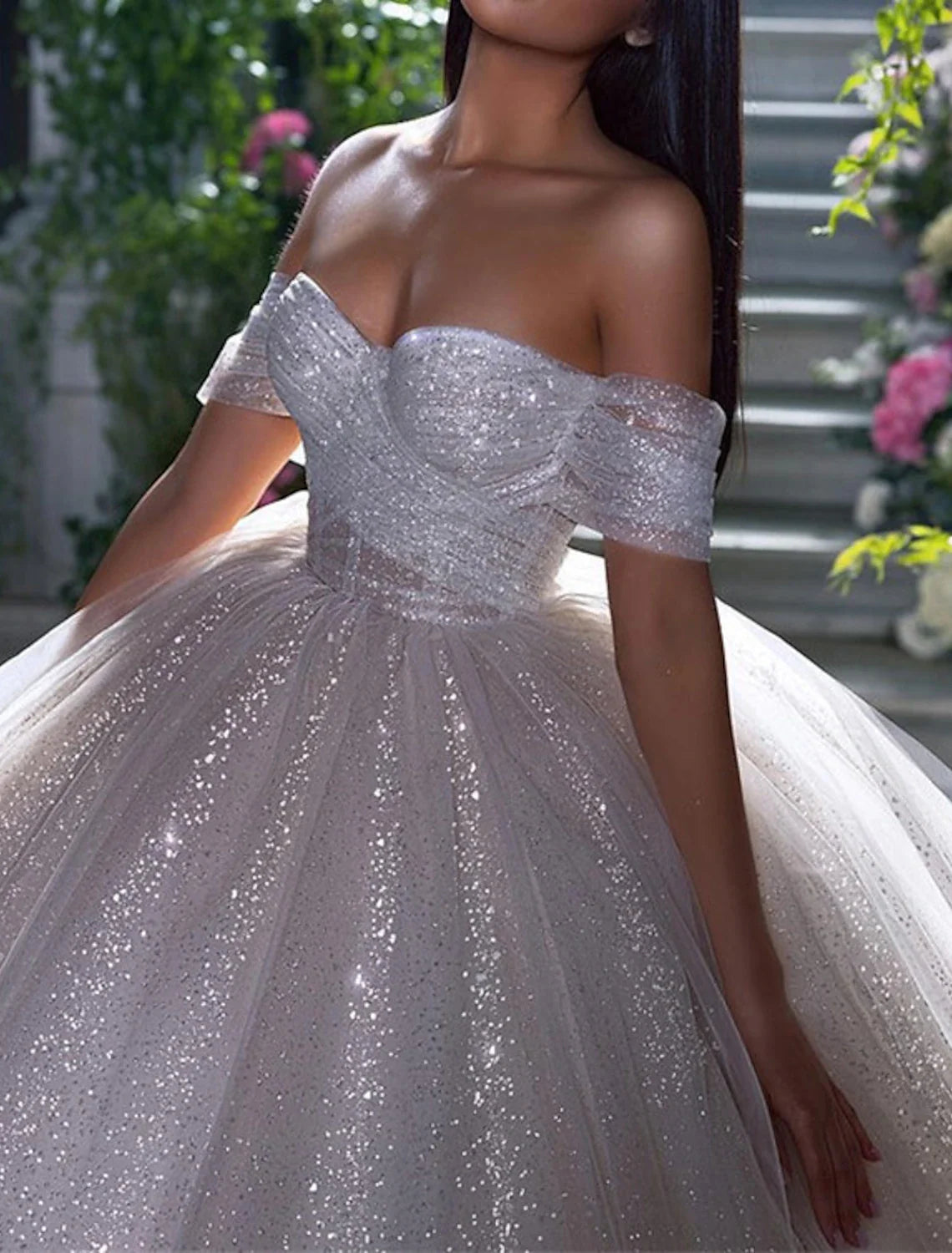 Aimishang Engagement Sparkle & Shine Formal Wedding Dresses Ball Gown Off Shoulder Cap Sleeve Chapel Train Sequined Bridal Gowns With Solid Color