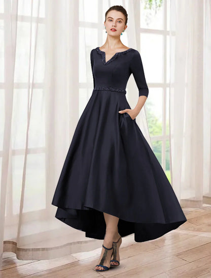 Aimishang A-Line Mother of the Bride Dress Elegant High Low V Neck Asymmetrical Tea Length Satin Half Sleeve with Beading