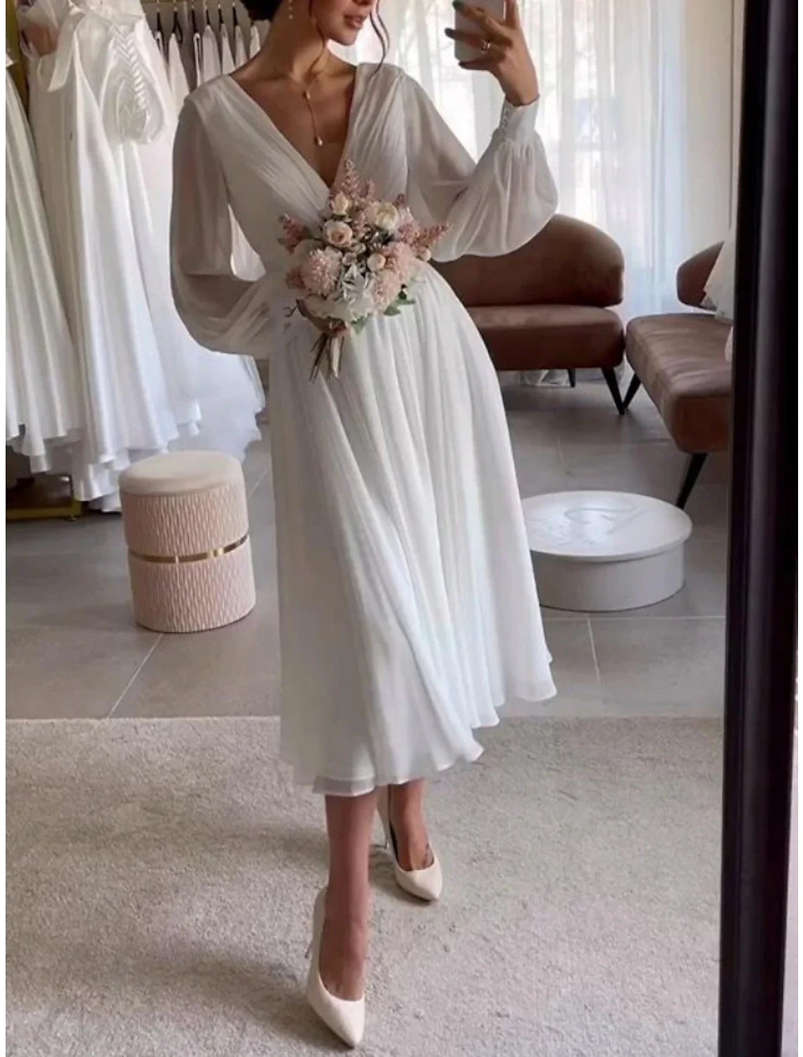 Aimishang Bridal Shower Simple Wedding Dresses Glitter & Sparkle Wedding Dresses Ball Gown Off Shoulder Sleeveless Knee Length Satin Bridal Gowns With Pleats Appliques