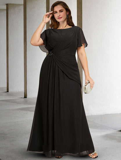 Aimishang  A-Line Mother of the Bride Dresses Plus Size Hide Belly Curve Elegant Dress Formal Floor Length Sleeveless Jewel Neck Chiffon with Ruched Crystals Fall