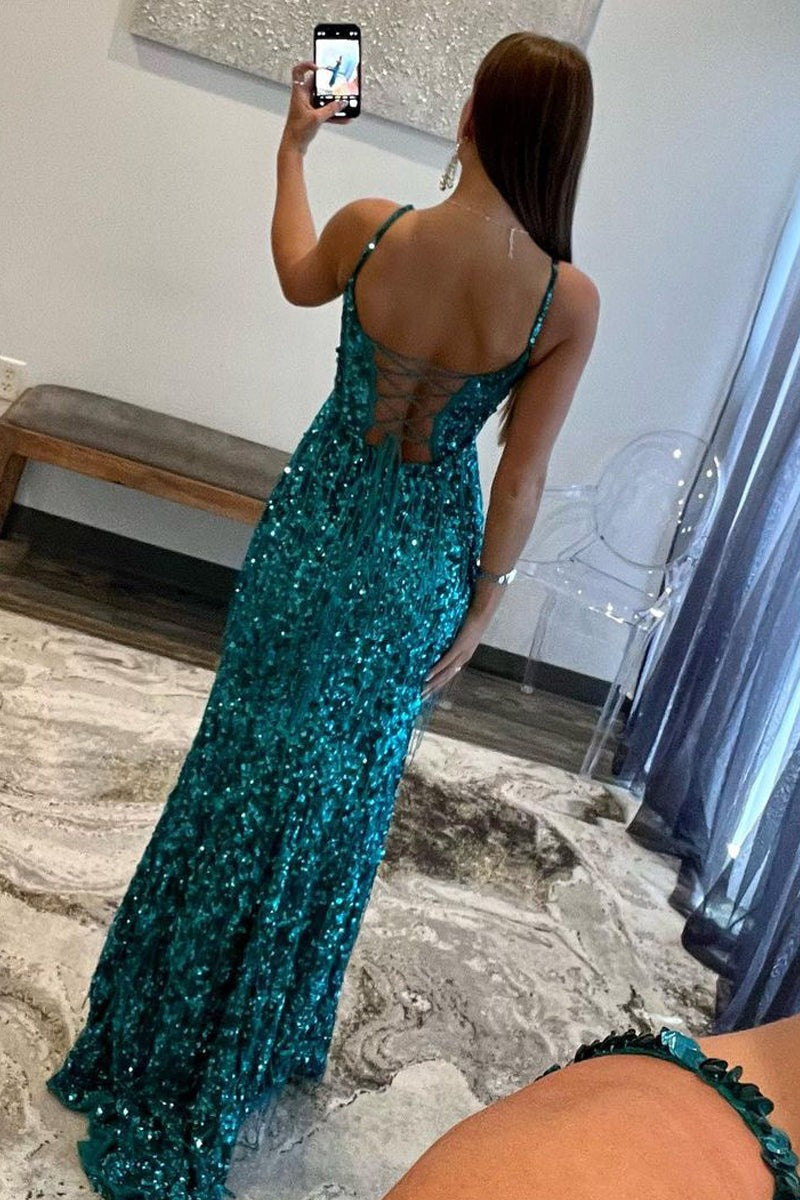 Sparkly Sheath Peacock Sequins V Neck Long Prom Dresses
