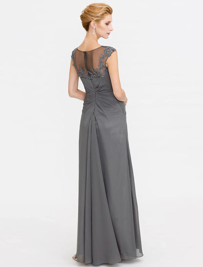 Aimishang A-Line Mother of the Bride Dress Wedding Guest Elegant See Through Bateau Neck Floor Length Chiffon Lace Sleeveless with Side Draping Fall