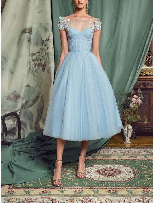 Women's Party Dress Lace Dress Corset Dress Homecoming Dress Midi Dress Light Blue Short Sleeve Pure Color Lace Summer Spring Boat Neck Fashion Wedding Guest