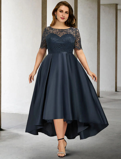 Aimishang A-Line Mother of the Bride Dresses Plus Size Hide Belly Curve Elegant Dress Formal Asymmetrical Short Sleeve Jewel Neck Satin with Pleats