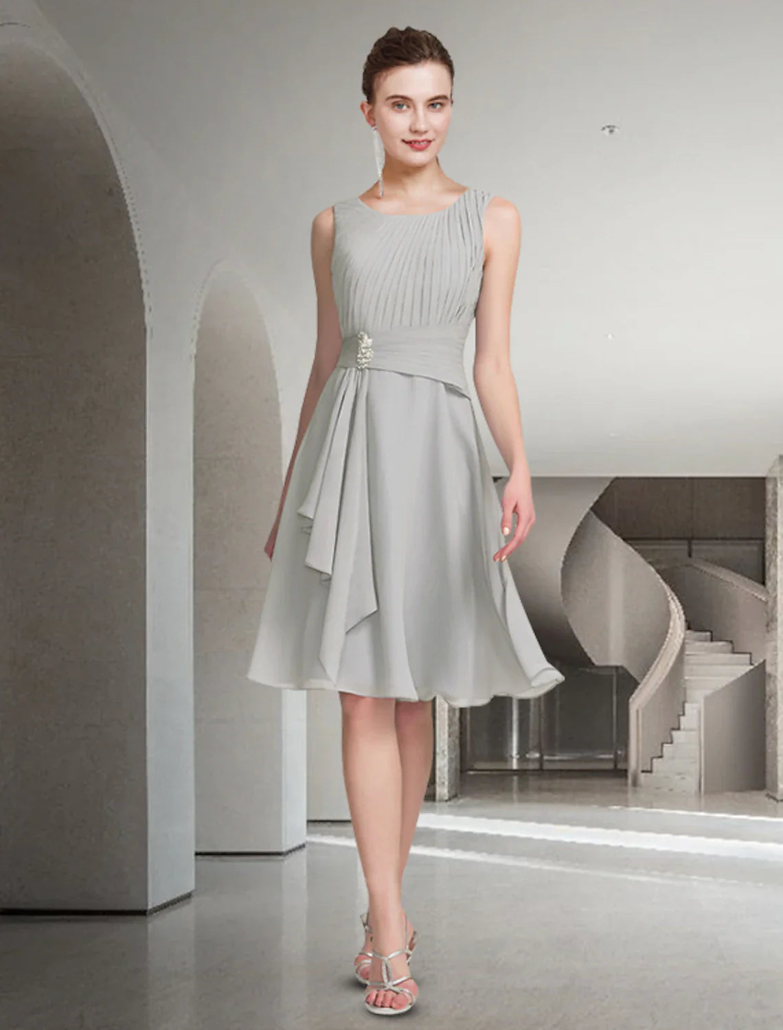 Aimishang  Two Piece A-Line Mother of the Bride Dress Church Elegant Jewel Neck Knee Length Chiffon Sleeveless with Pleats Ruched