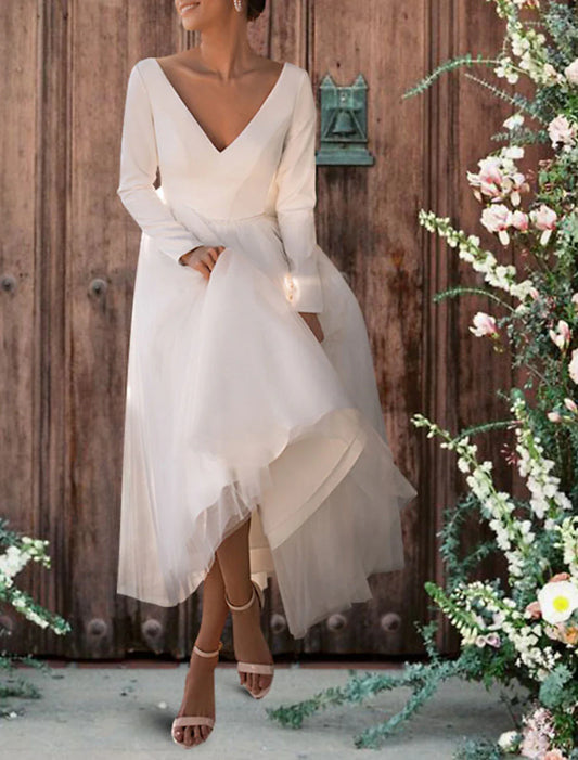 Aimishang Reception Simple Wedding Dresses Wedding Dresses Sheath / Column V Neck Sleeveless Ankle Length Satin Bridal Gowns With / Solid Color