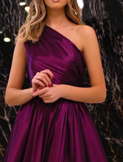Aimishang A-Line Evening Gown Elegant Dress Wedding Guest Engagement Floor Length Sleeveless One Shoulder Satin with Pleats Slit