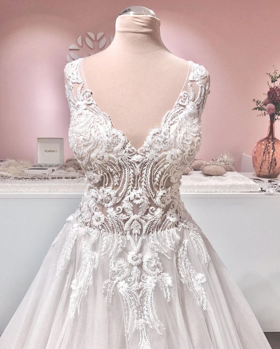 Vintage A-line Wedding Dress with Deep V-neck, Backless, Ruffles, Tulle and Appliques Lace
