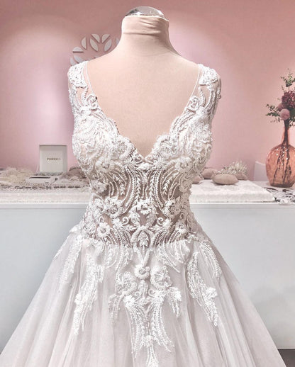 Vintage A-line Wedding Dress with Deep V-neck, Backless, Ruffles, Tulle and Appliques Lace