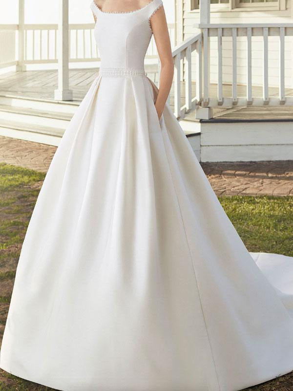 Vintage Designer Wedding Dresses With Train Sleeveless Buttons Satin Bridal Gowns