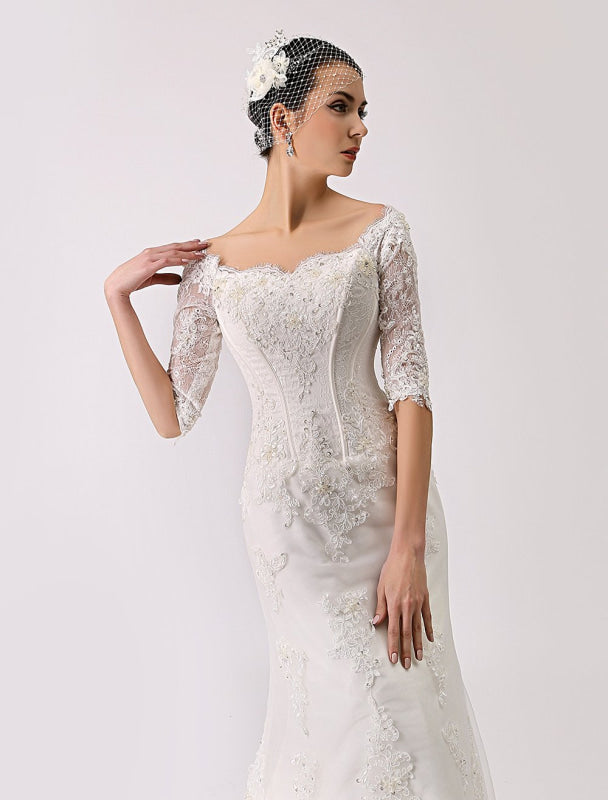 Vintage Inspired Off The Shoulder Mermaid Lace Wedding Gown
