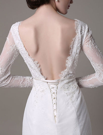 Vintage Lace Wedding Dress A-Line With Long Sleeves Pearls Applique