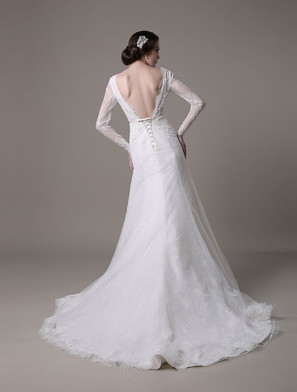 Vintage Lace Wedding Dress A-Line With Long Sleeves Pearls Applique