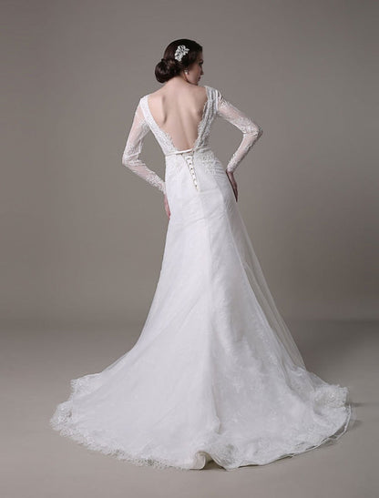 Vintage Lace Wedding Dress A-Line With Long Sleeves Pearls Applique