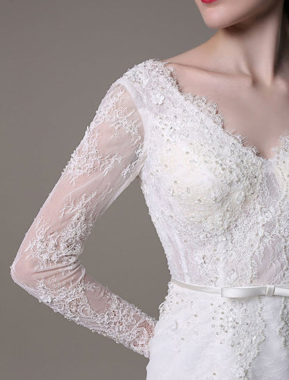 Vintage Lace Wedding Dress A-Line With Long Sleeves Pearls Applique