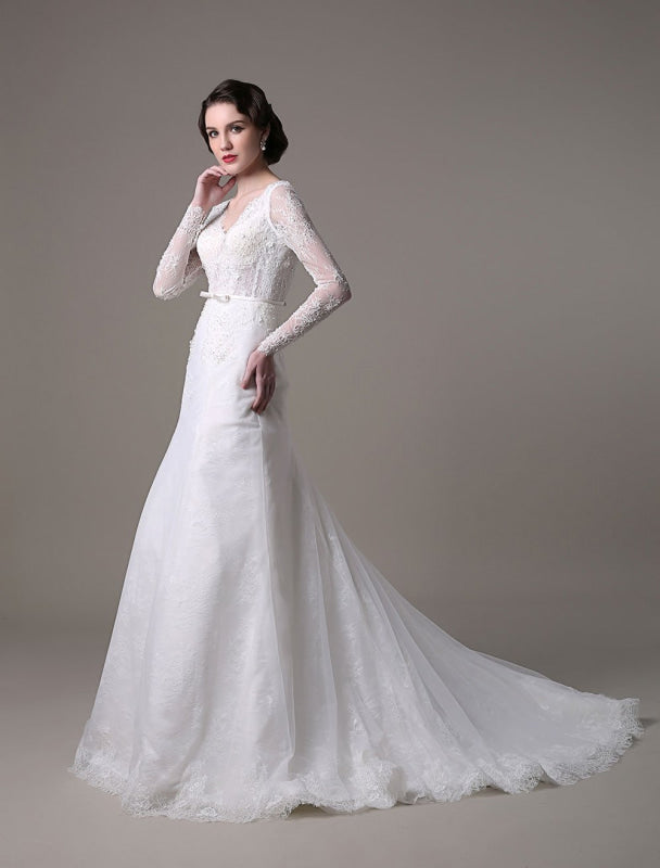 Vintage Lace Wedding Dress A-Line With Long Sleeves Pearls Applique