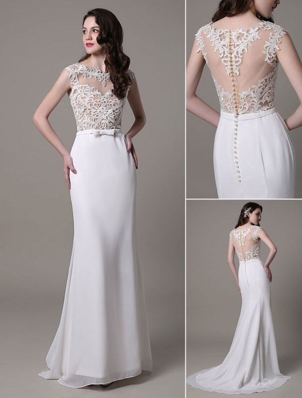 Vintage Lace Wedding Dress Chiffon Bateau Illusion Sheath Bridal Dress