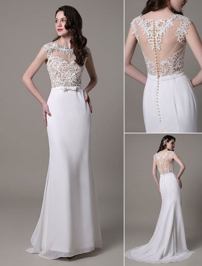 Vintage Lace Wedding Dress Chiffon Bateau Illusion Sheath Bridal Dress