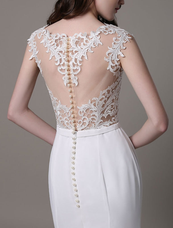 Vintage Lace Wedding Dress Chiffon Bateau Illusion Sheath Bridal Dress