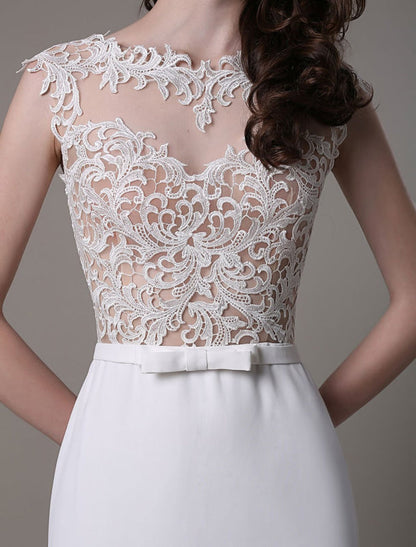 Vintage Lace Wedding Dress Chiffon Bateau Illusion Sheath Bridal Dress