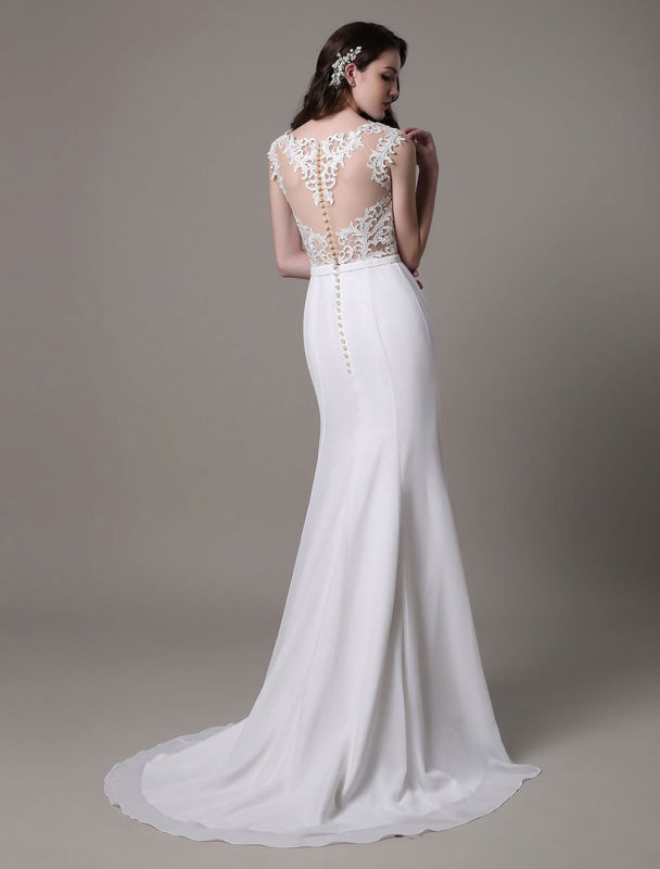 Vintage Lace Wedding Dress Chiffon Bateau Illusion Sheath Bridal Dress