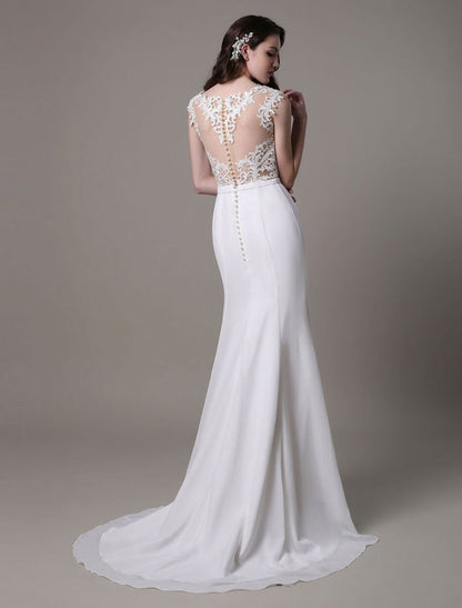 Vintage Lace Wedding Dress Chiffon Bateau Illusion Sheath Bridal Dress