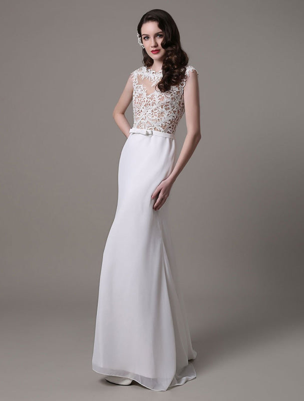 Vintage Lace Wedding Dress Chiffon Bateau Illusion Sheath Bridal Dress