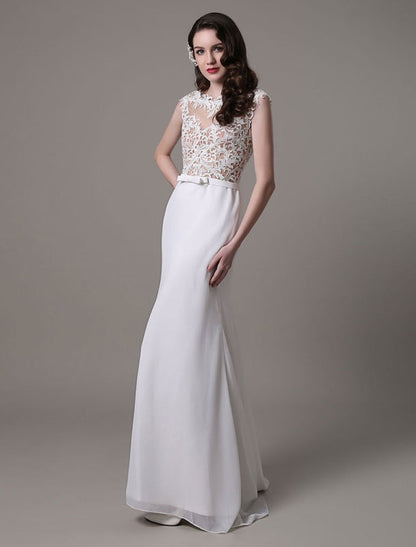 Vintage Lace Wedding Dress Chiffon Bateau Illusion Sheath Bridal Dress