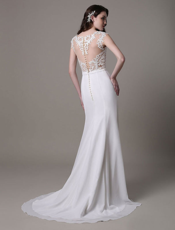 Vintage Lace Wedding Dress Chiffon Bateau Illusion Sheath Bridal Dress
