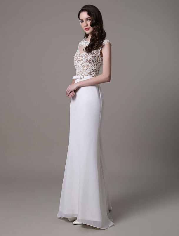 Vintage Lace Wedding Dress Chiffon Bateau Illusion Sheath Bridal Dress
