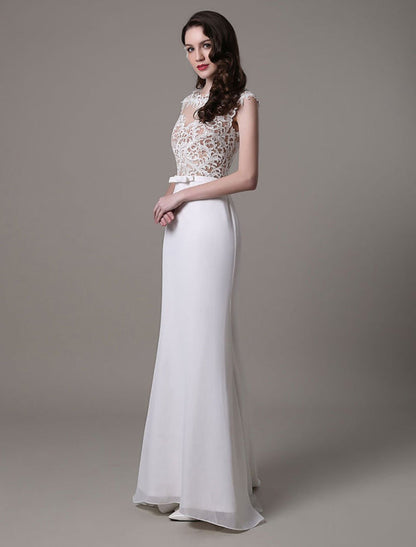 Vintage Lace Wedding Dress Chiffon Bateau Illusion Sheath Bridal Dress