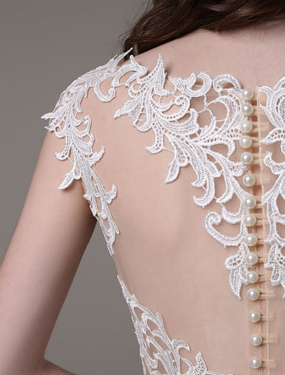 Vintage Lace Wedding Dress Chiffon Bateau Illusion Sheath Bridal Dress
