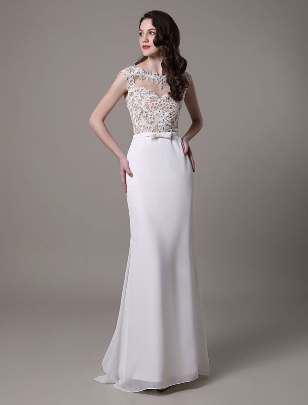 Vintage Lace Wedding Dress Chiffon Bateau Illusion Sheath Bridal Dress